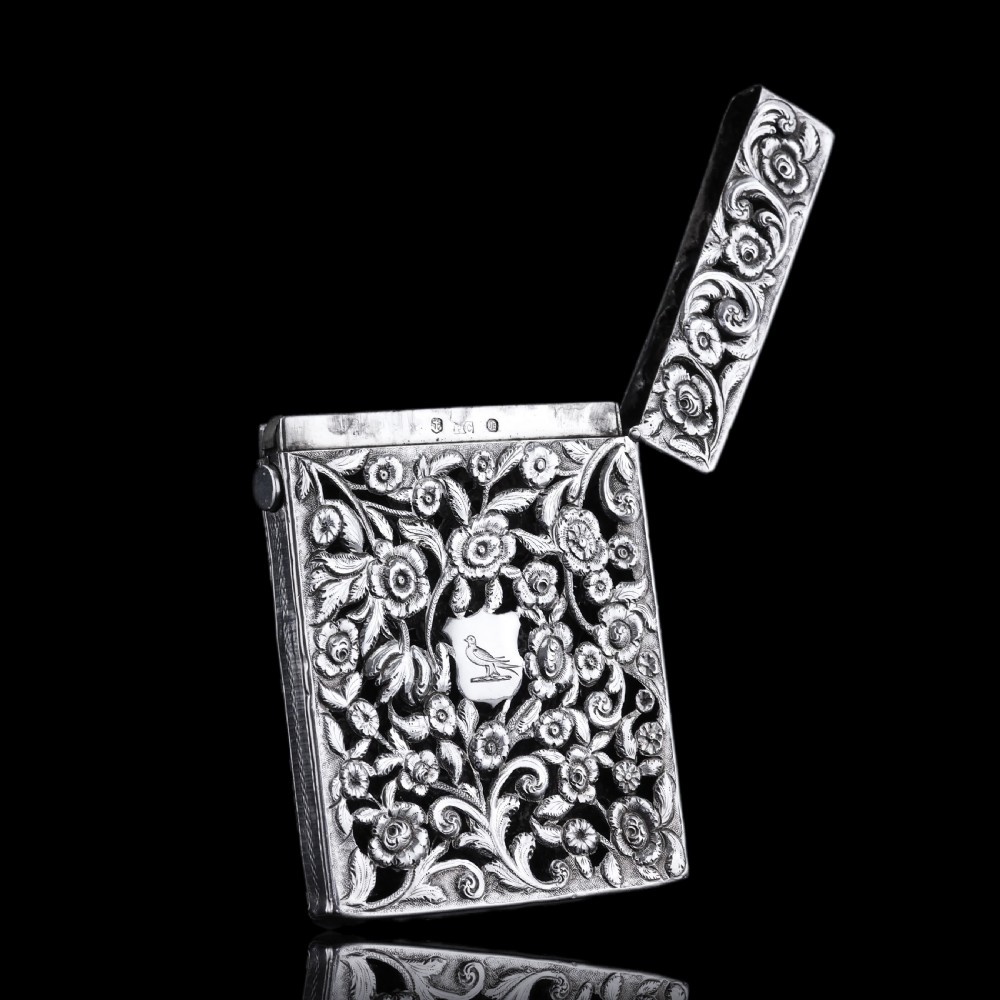 Magnificent Antique Victorian Solid Silver Card Case with Floral Chased and Pierced Motif - Francis Clark 1839 View XII