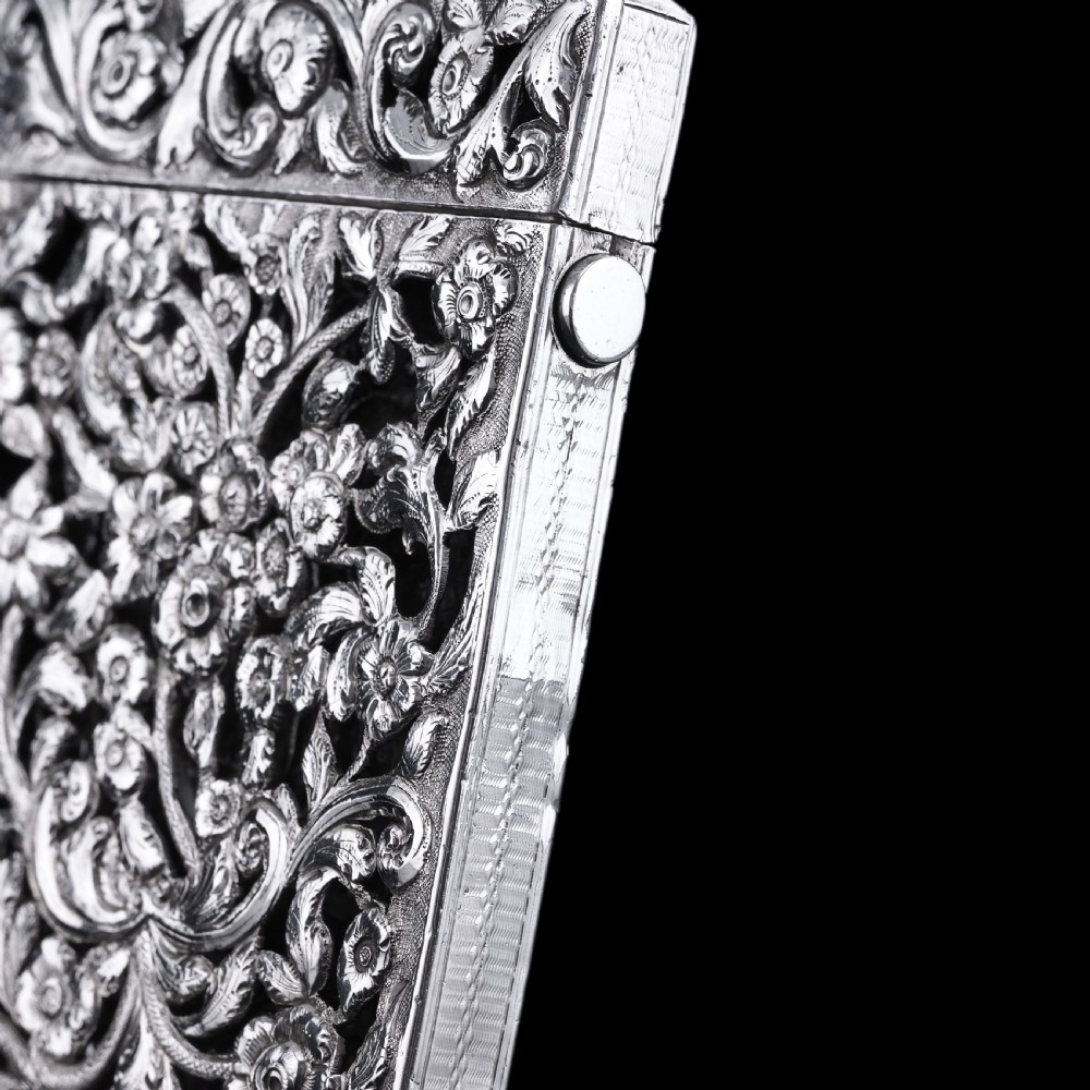 Magnificent Antique Victorian Solid Silver Card Case with Floral Chased and Pierced Motif - Francis Clark 1839 View XV