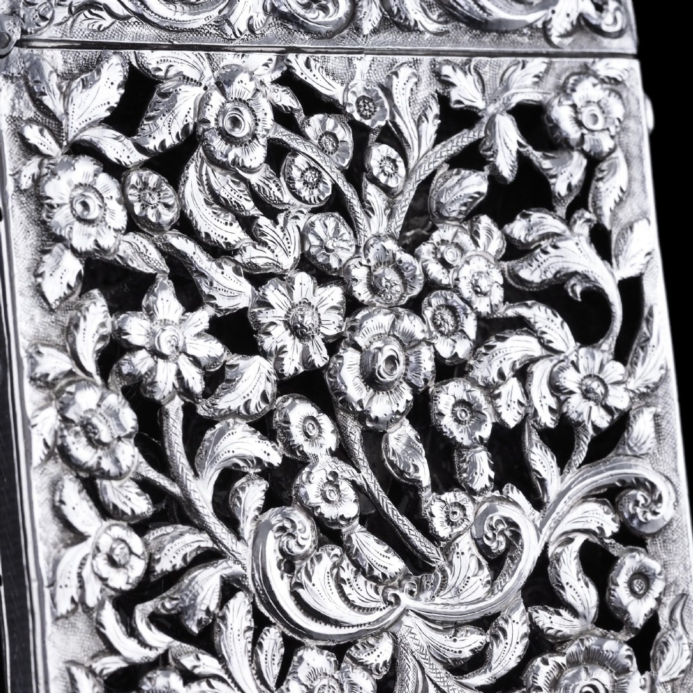 Magnificent Antique Victorian Solid Silver Card Case with Floral Chased and Pierced Motif - Francis Clark 1839 View XVI