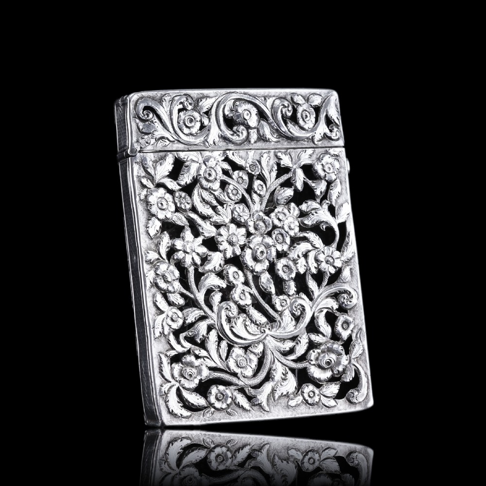 Magnificent Antique Victorian Solid Silver Card Case with Floral Chased and Pierced Motif - Francis Clark 1839 View XVII