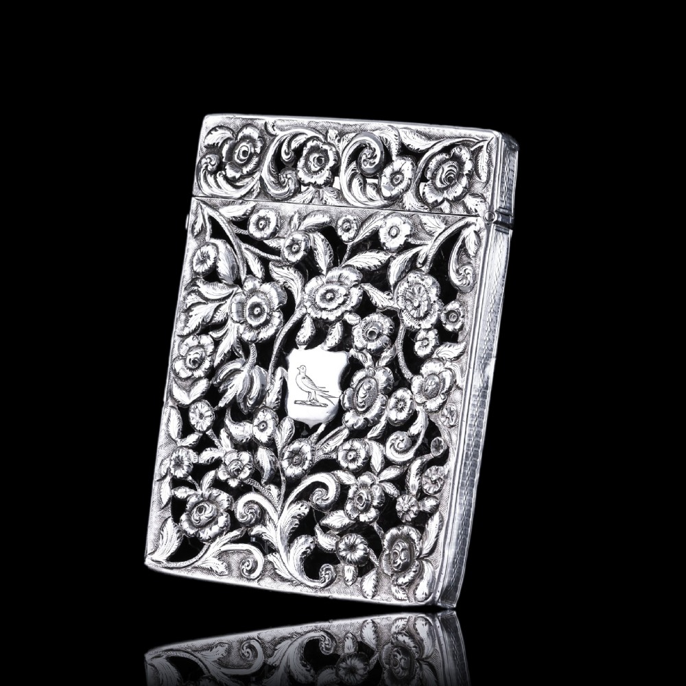 Magnificent Antique Victorian Solid Silver Card Case with Floral Chased and Pierced Motif - Francis Clark 1839 View XVIII