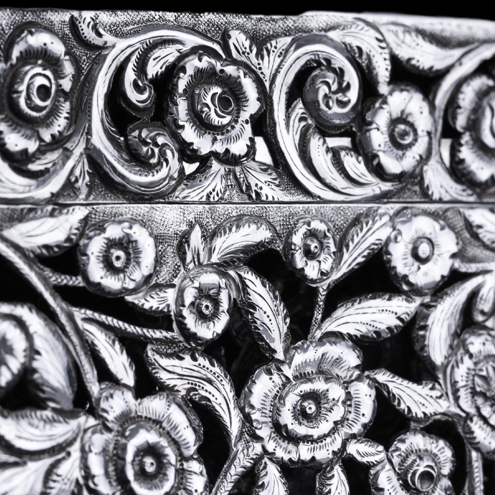 Magnificent Antique Victorian Solid Silver Card Case with Floral Chased and Pierced Motif - Francis Clark 1839 View XIX