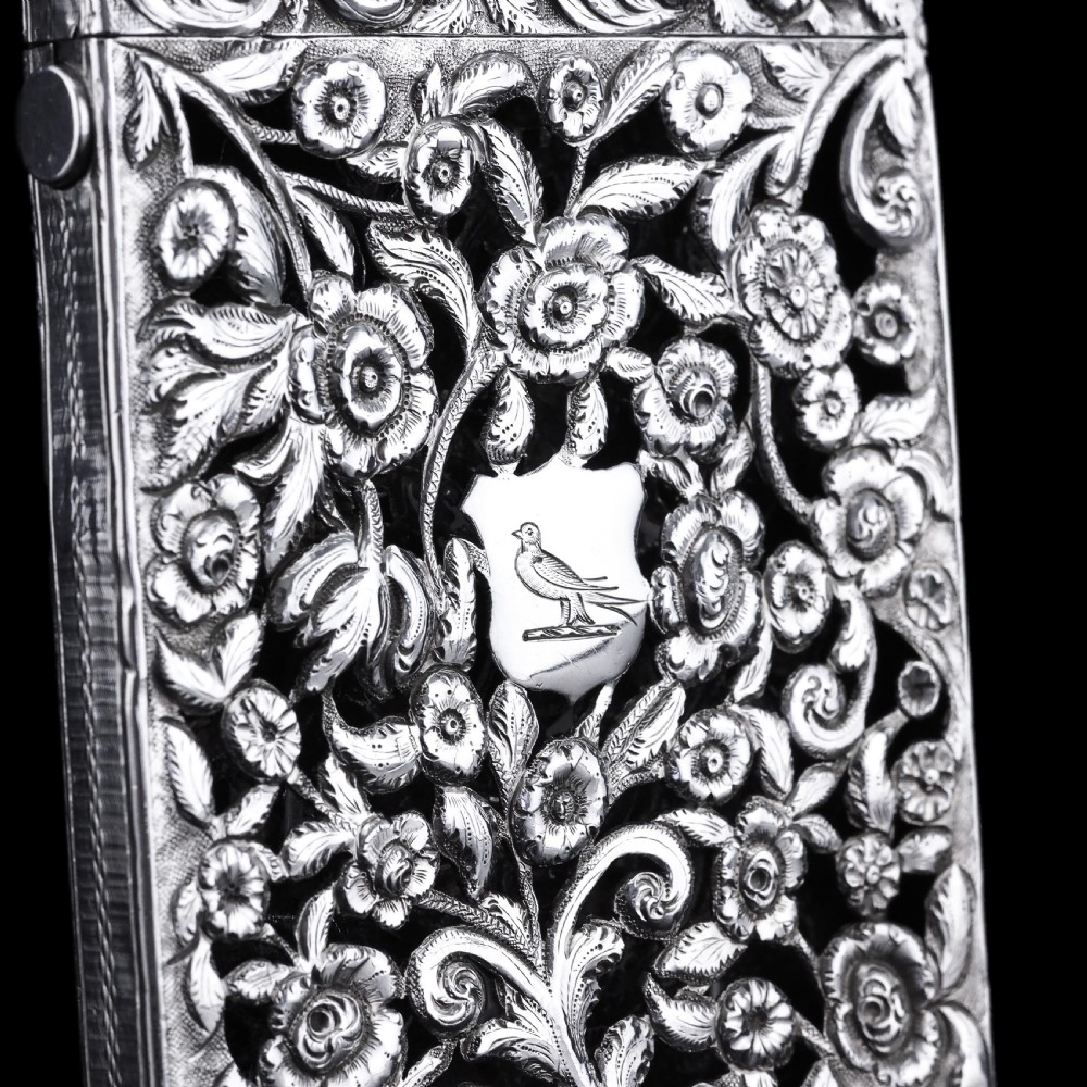 Magnificent Antique Victorian Solid Silver Card Case with Floral Chased and Pierced Motif - Francis Clark 1839 View XX