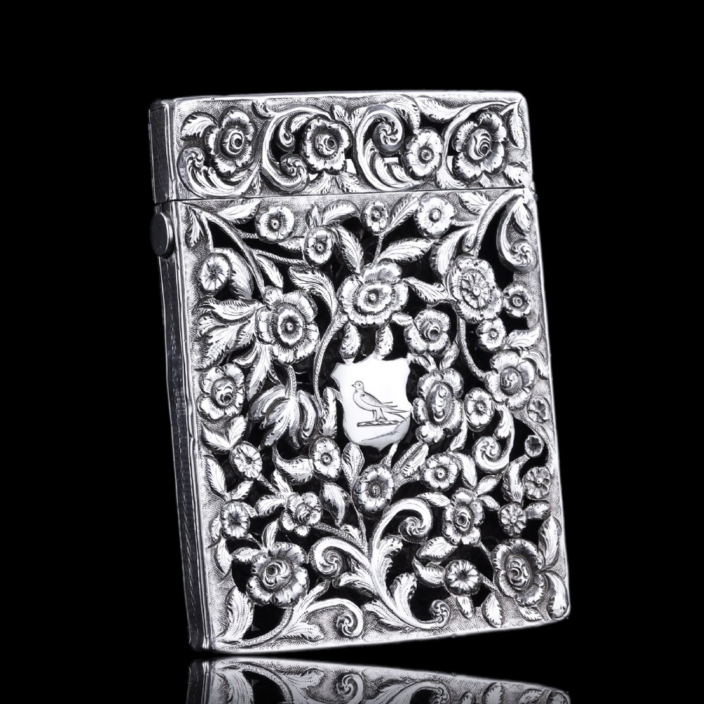 Magnificent Antique Victorian Solid Silver Card Case with Floral Chased and Pierced Motif - Francis Clark 1839 View XXI