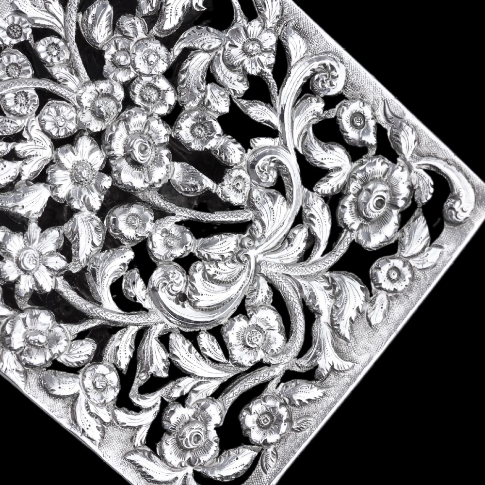 Magnificent Antique Victorian Solid Silver Card Case with Floral Chased and Pierced Motif - Francis Clark 1839 View XXII