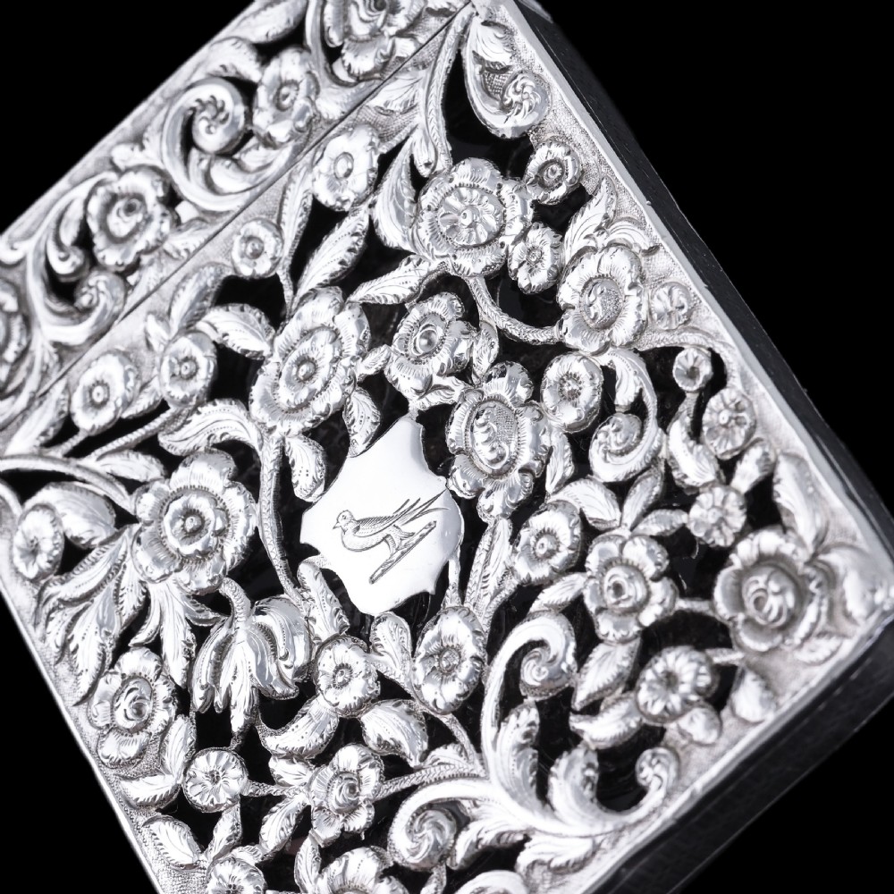 Magnificent Antique Victorian Solid Silver Card Case with Floral Chased and Pierced Motif - Francis Clark 1839 View XXIII