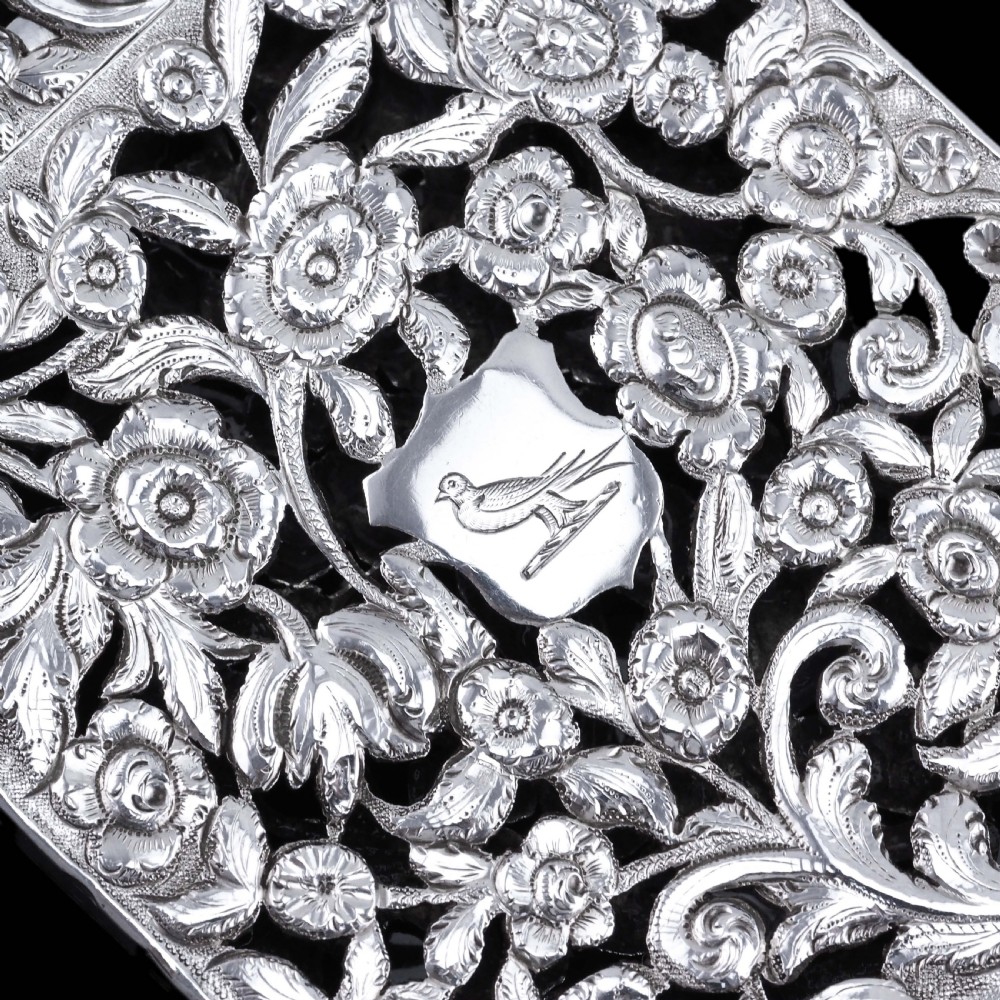 Magnificent Antique Victorian Solid Silver Card Case with Floral Chased and Pierced Motif - Francis Clark 1839 View XXIV