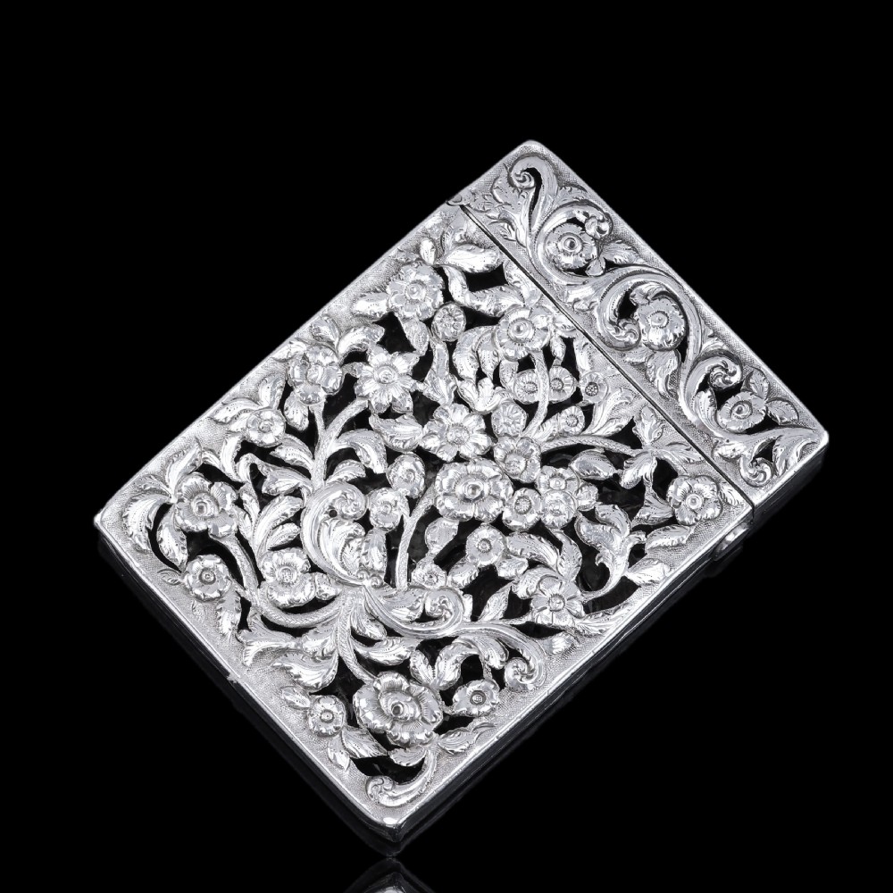 Magnificent Antique Victorian Solid Silver Card Case with Floral Chased and Pierced Motif - Francis Clark 1839 View XXV