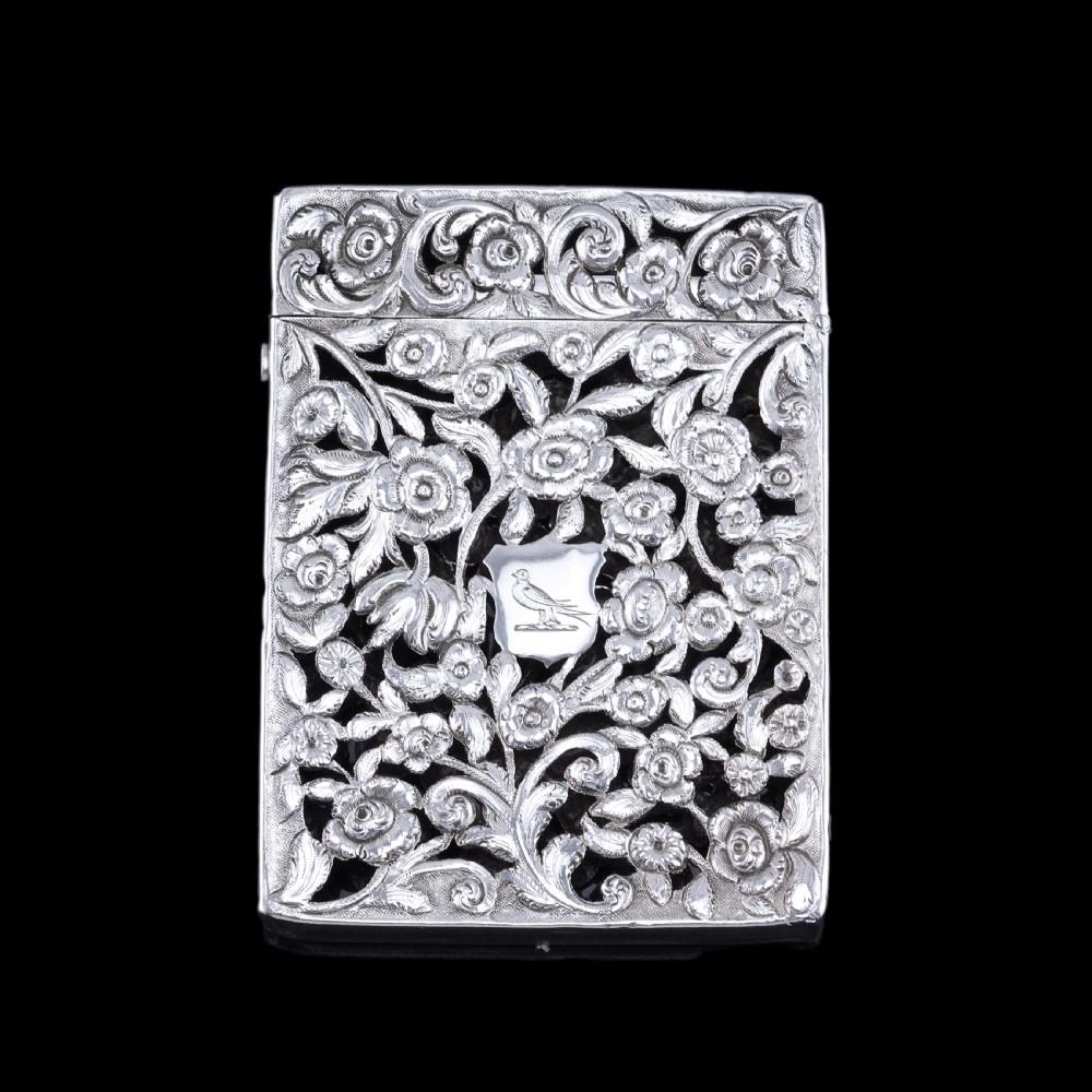 Magnificent Antique Victorian Solid Silver Card Case with Floral Chased and Pierced Motif - Francis Clark 1839 View XXVI