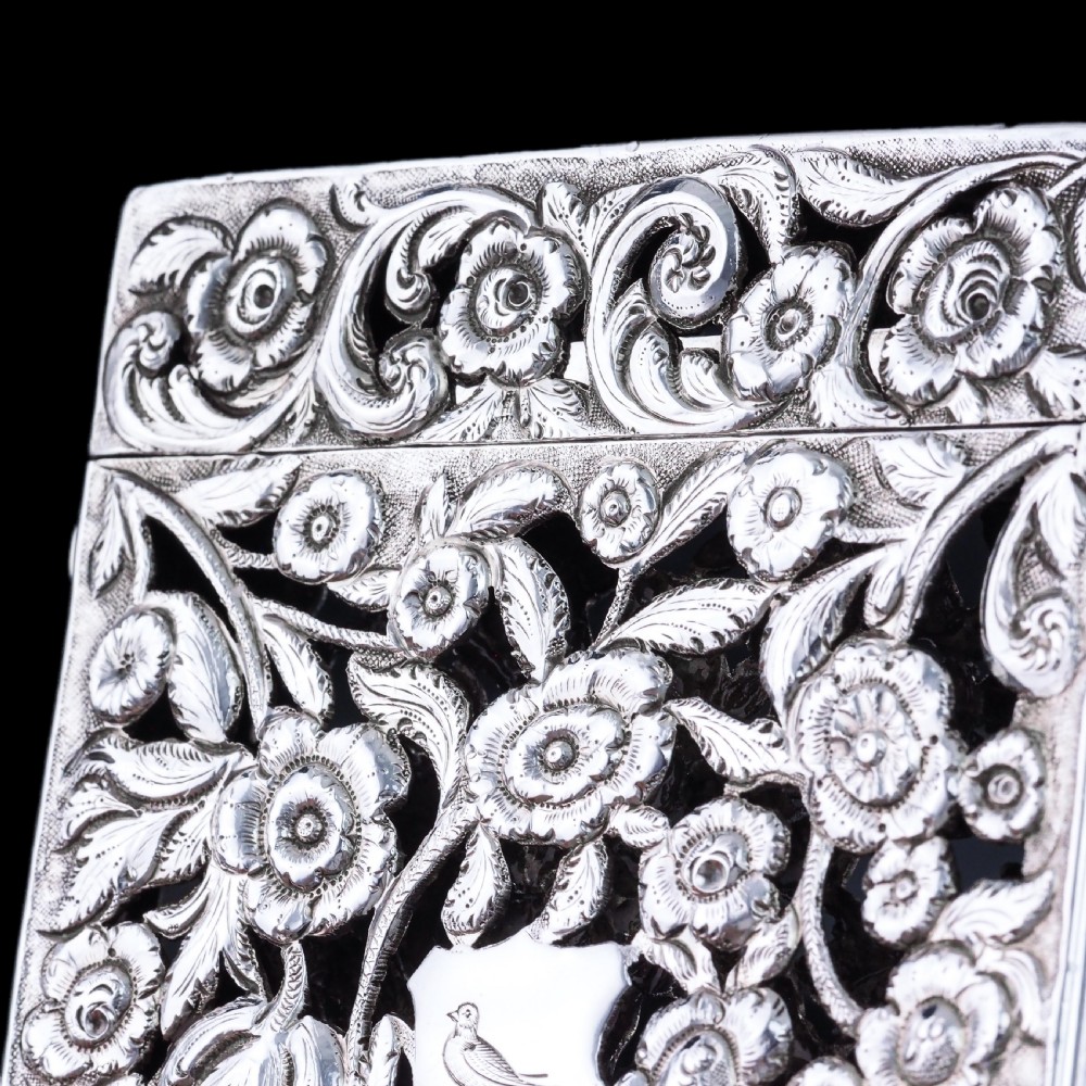 Magnificent Antique Victorian Solid Silver Card Case with Floral Chased and Pierced Motif - Francis Clark 1839 View XXVII