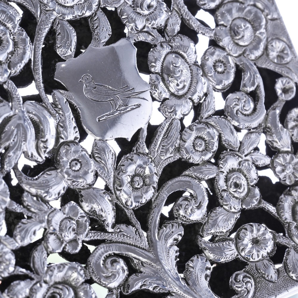 Magnificent Antique Victorian Solid Silver Card Case with Floral Chased and Pierced Motif - Francis Clark 1839 View XXVIII