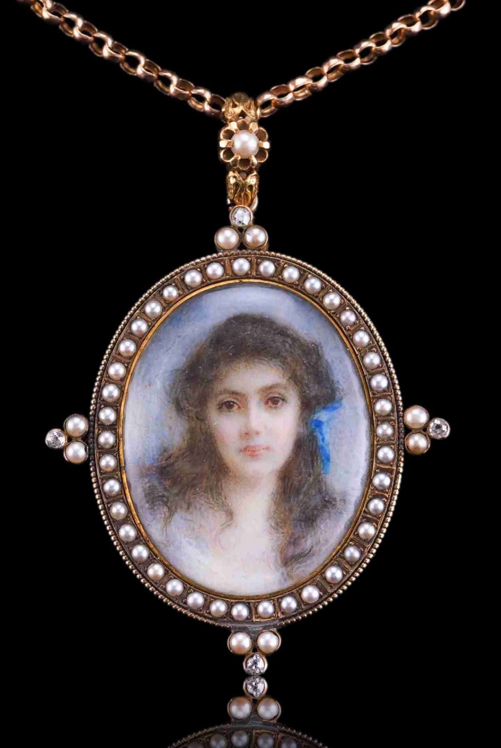 Antique Victorian Lady Portrait Pendant Necklace Pearls & Diamond 9ct Gold