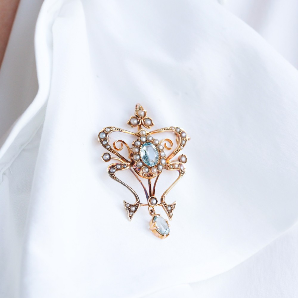 Antique Art Nouveau Aquamarine & Pearl Pendant Necklace/Brooch Lavalier 9ct Gold - Edwardian c.1910 View II