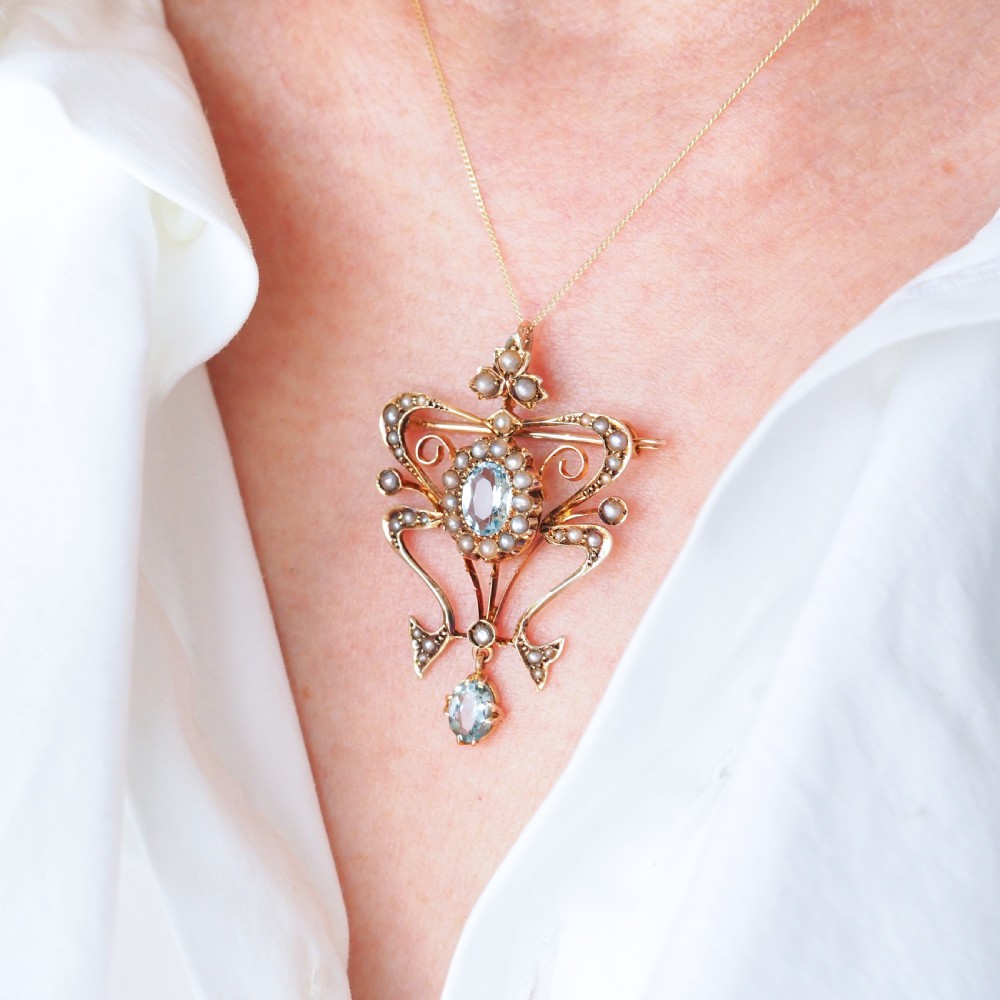 Antique Art Nouveau Aquamarine & Pearl Pendant Necklace/Brooch Lavalier 9ct Gold - Edwardian c.1910 View VII