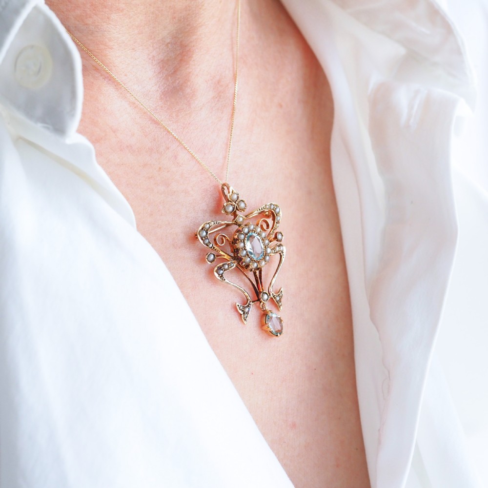 Antique Art Nouveau Aquamarine & Pearl Pendant Necklace/Brooch Lavalier 9ct Gold - Edwardian c.1910 View VIII