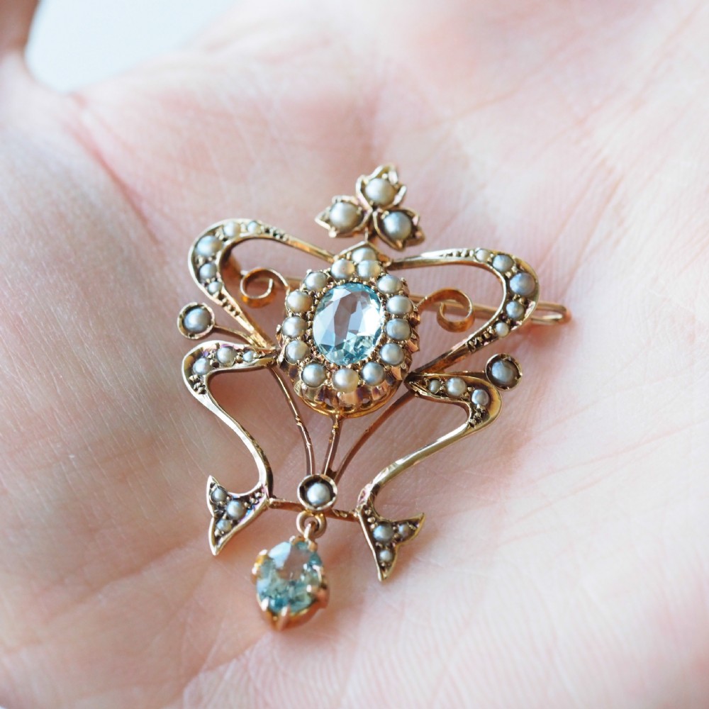 Antique Art Nouveau Aquamarine & Pearl Pendant Necklace/Brooch Lavalier 9ct Gold - Edwardian c.1910 View IX
