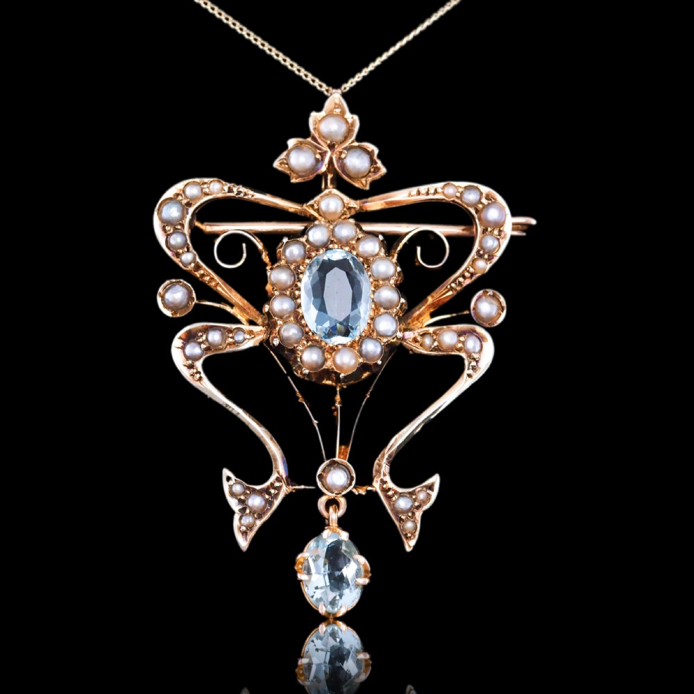 Antique Art Nouveau Aquamarine & Pearl Pendant Necklace/Brooch Lavalier 9ct Gold - Edwardian c.1910 View X