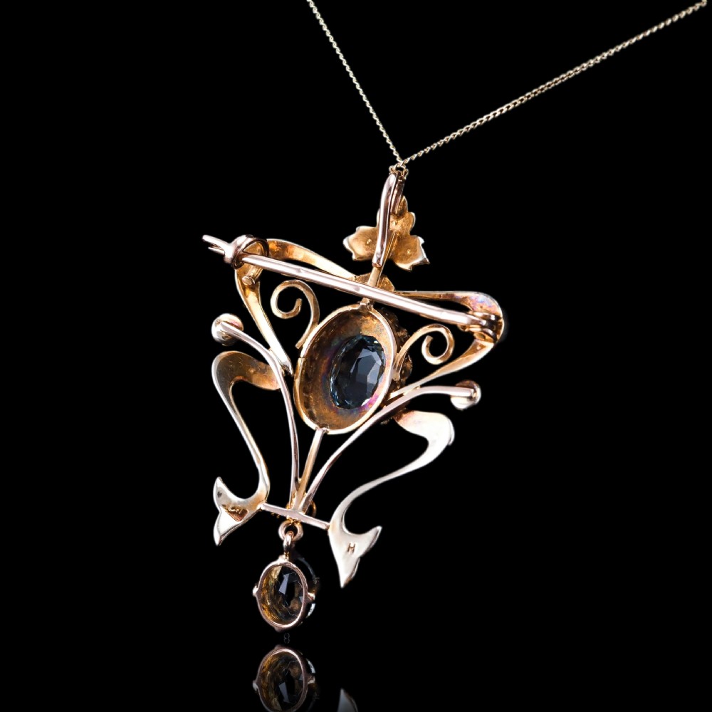 Antique Art Nouveau Aquamarine & Pearl Pendant Necklace/Brooch Lavalier 9ct Gold - Edwardian c.1910 View XI