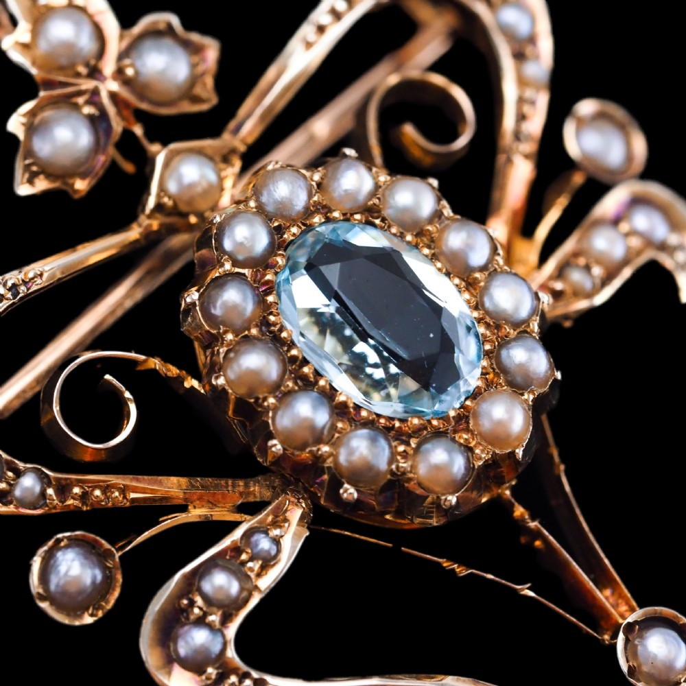 Antique Art Nouveau Aquamarine & Pearl Pendant Necklace/Brooch Lavalier 9ct Gold - Edwardian c.1910 View XIII