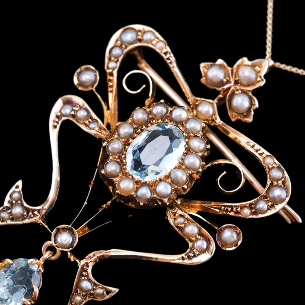 Antique Art Nouveau Aquamarine & Pearl Pendant Necklace/Brooch Lavalier 9ct Gold - Edwardian c.1910 View XIV