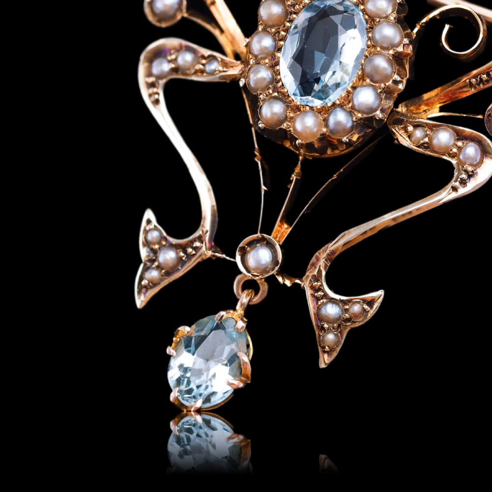 Antique Art Nouveau Aquamarine & Pearl Pendant Necklace/Brooch Lavalier 9ct Gold - Edwardian c.1910 View XV