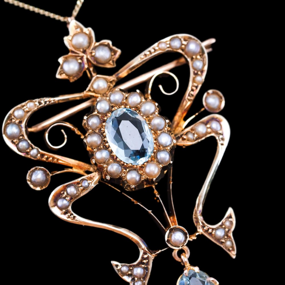 Antique Art Nouveau Aquamarine & Pearl Pendant Necklace/Brooch Lavalier 9ct Gold - Edwardian c.1910 View XVI