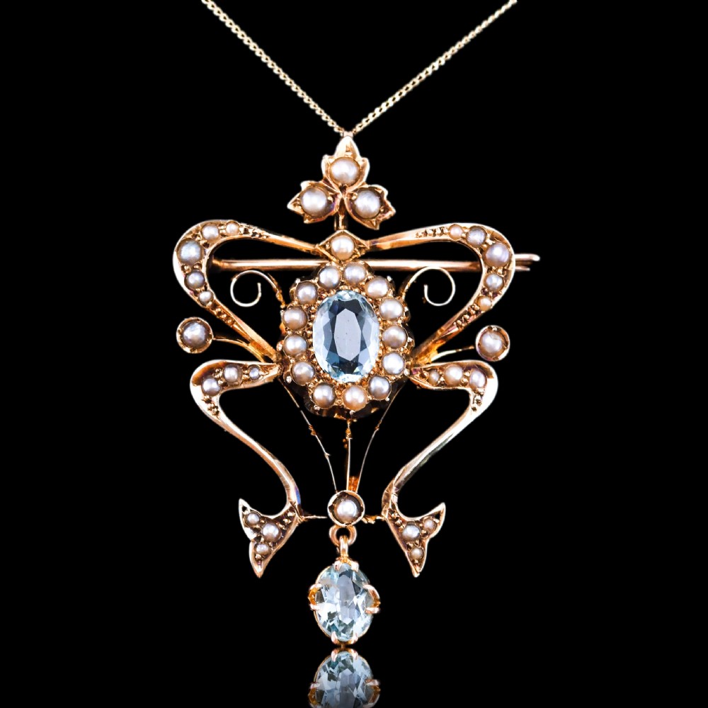 Antique Art Nouveau Aquamarine & Pearl Pendant Necklace/Brooch Lavalier 9ct Gold - Edwardian c.1910 View XVII