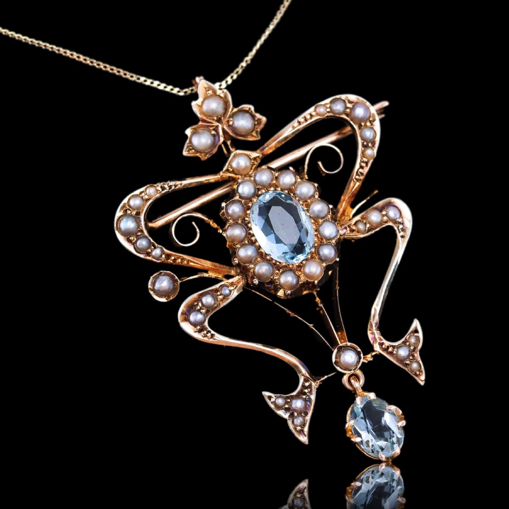 Antique Art Nouveau Aquamarine & Pearl Pendant Necklace/Brooch Lavalier 9ct Gold - Edwardian c.1910 View XVIII