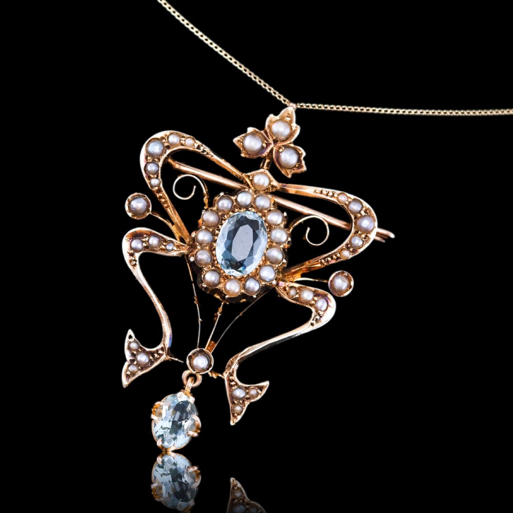 Antique Art Nouveau Aquamarine & Pearl Pendant Necklace/Brooch Lavalier 9ct Gold - Edwardian c.1910 View XIX