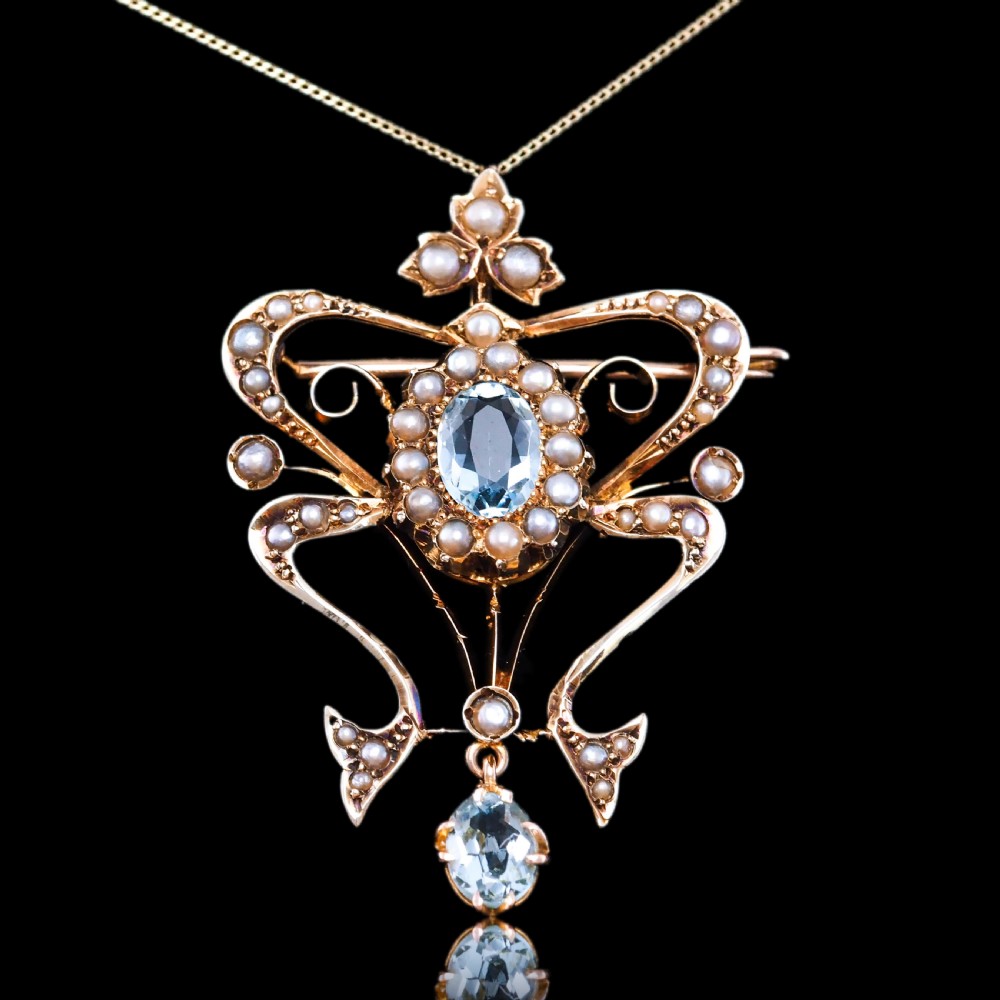 Antique Art Nouveau Aquamarine & Pearl Pendant Necklace/Brooch Lavalier 9ct Gold - Edwardian c.1910 View XX