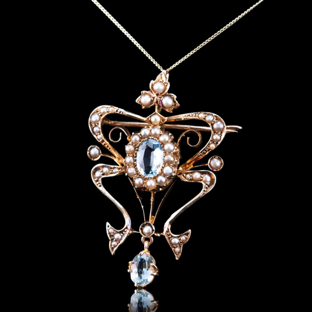 Antique Art Nouveau Aquamarine & Pearl Pendant Necklace/Brooch Lavalier 9ct Gold - Edwardian c.1910 View XXI