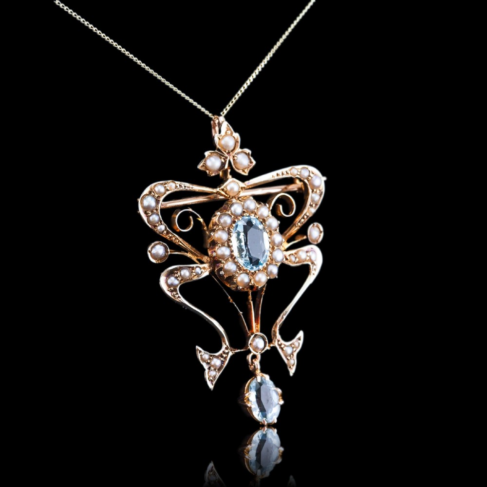Antique Art Nouveau Aquamarine & Pearl Pendant Necklace/Brooch Lavalier 9ct Gold - Edwardian c.1910 View XXII