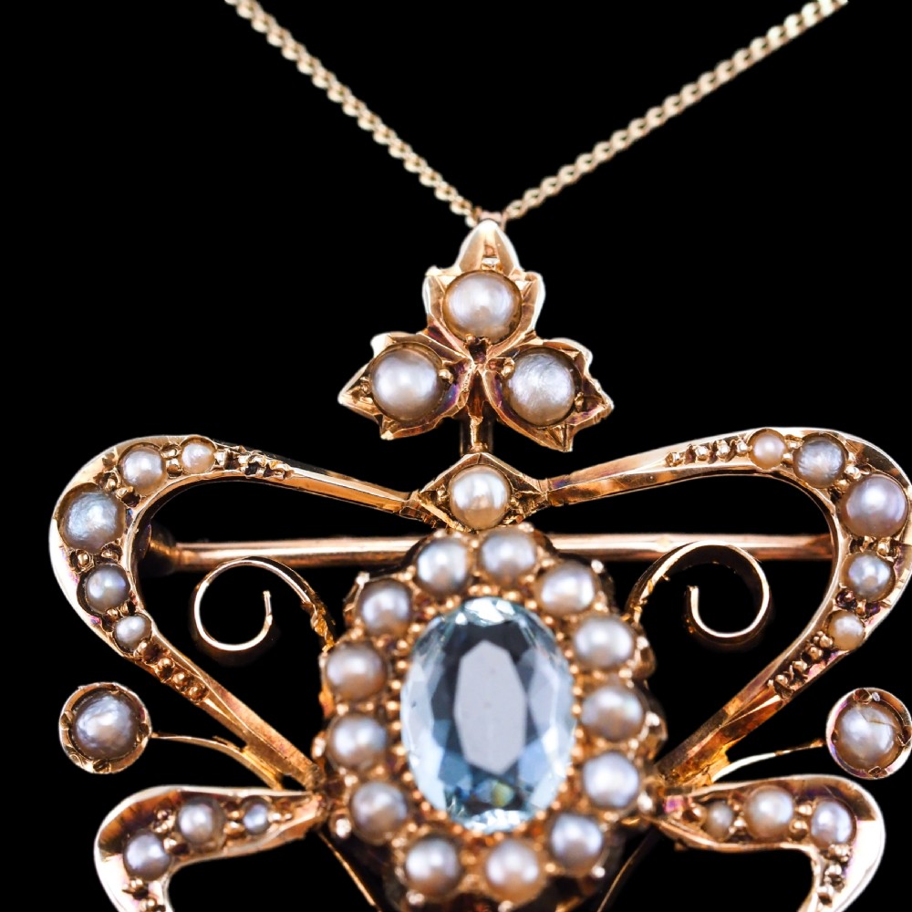 Antique Art Nouveau Aquamarine & Pearl Pendant Necklace/Brooch Lavalier 9ct Gold - Edwardian c.1910 View XXIII