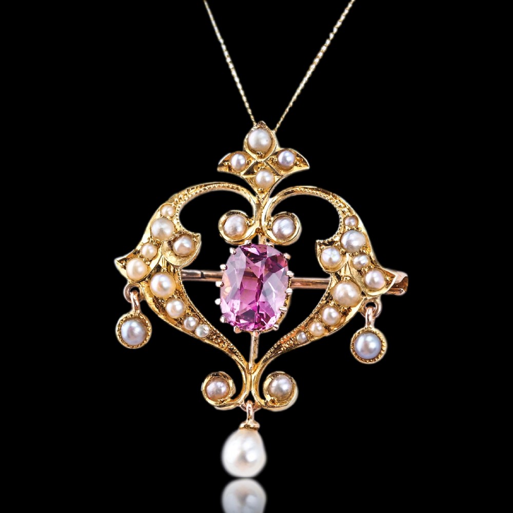 Antique Edwardian Pink Tourmaline & Seed Pearl 15ct Gold Pendant Necklace - c.1910