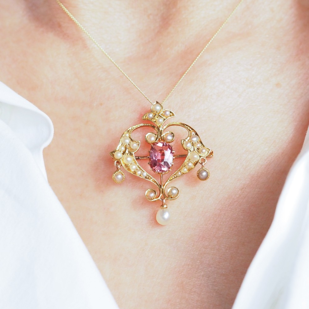 Antique Edwardian Pink Tourmaline & Seed Pearl 15ct Gold Pendant Necklace - c.1910 View III