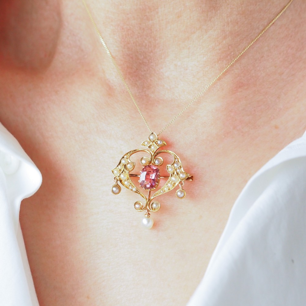 Antique Edwardian Pink Tourmaline & Seed Pearl 15ct Gold Pendant Necklace - c.1910 View V