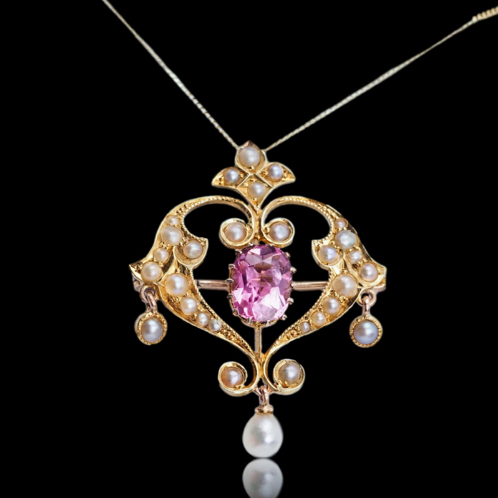 Antique Edwardian Pink Tourmaline & Seed Pearl 15ct Gold Pendant Necklace - c.1910 View VI