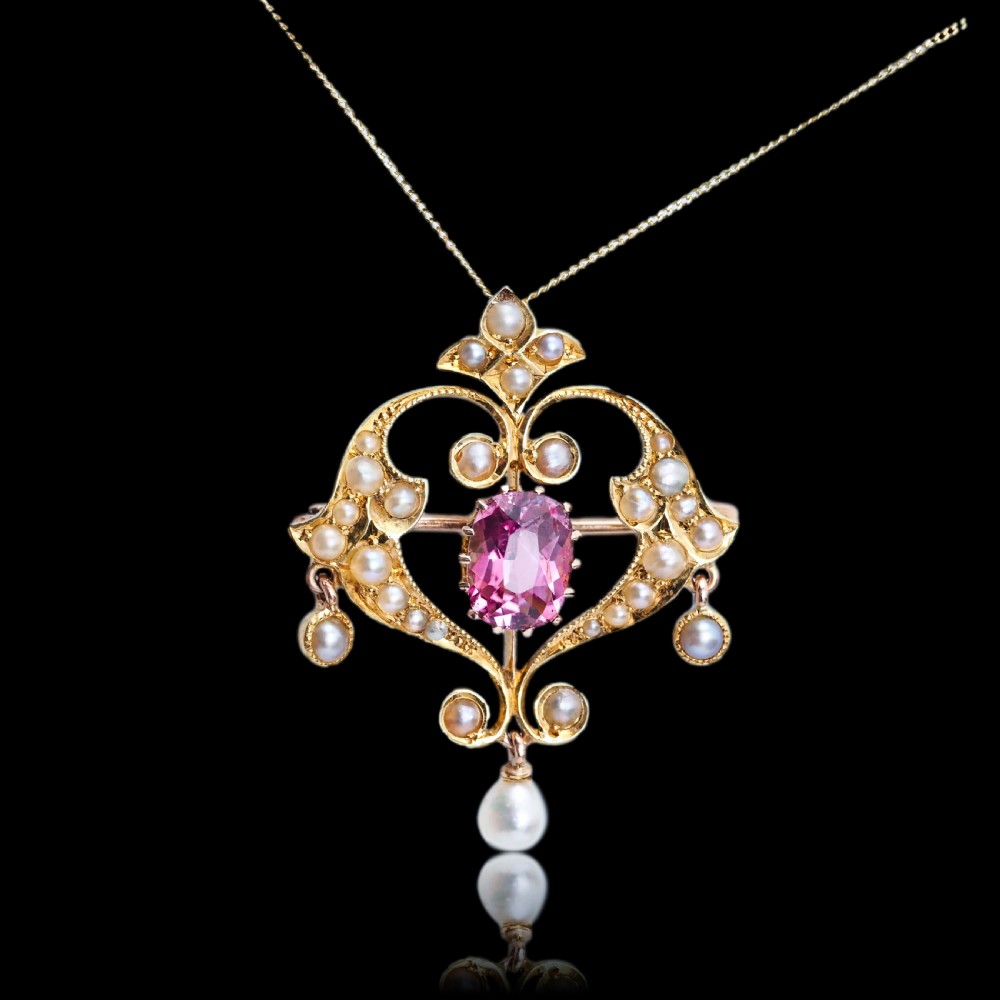 Antique Edwardian Pink Tourmaline & Seed Pearl 15ct Gold Pendant Necklace - c.1910 View VII