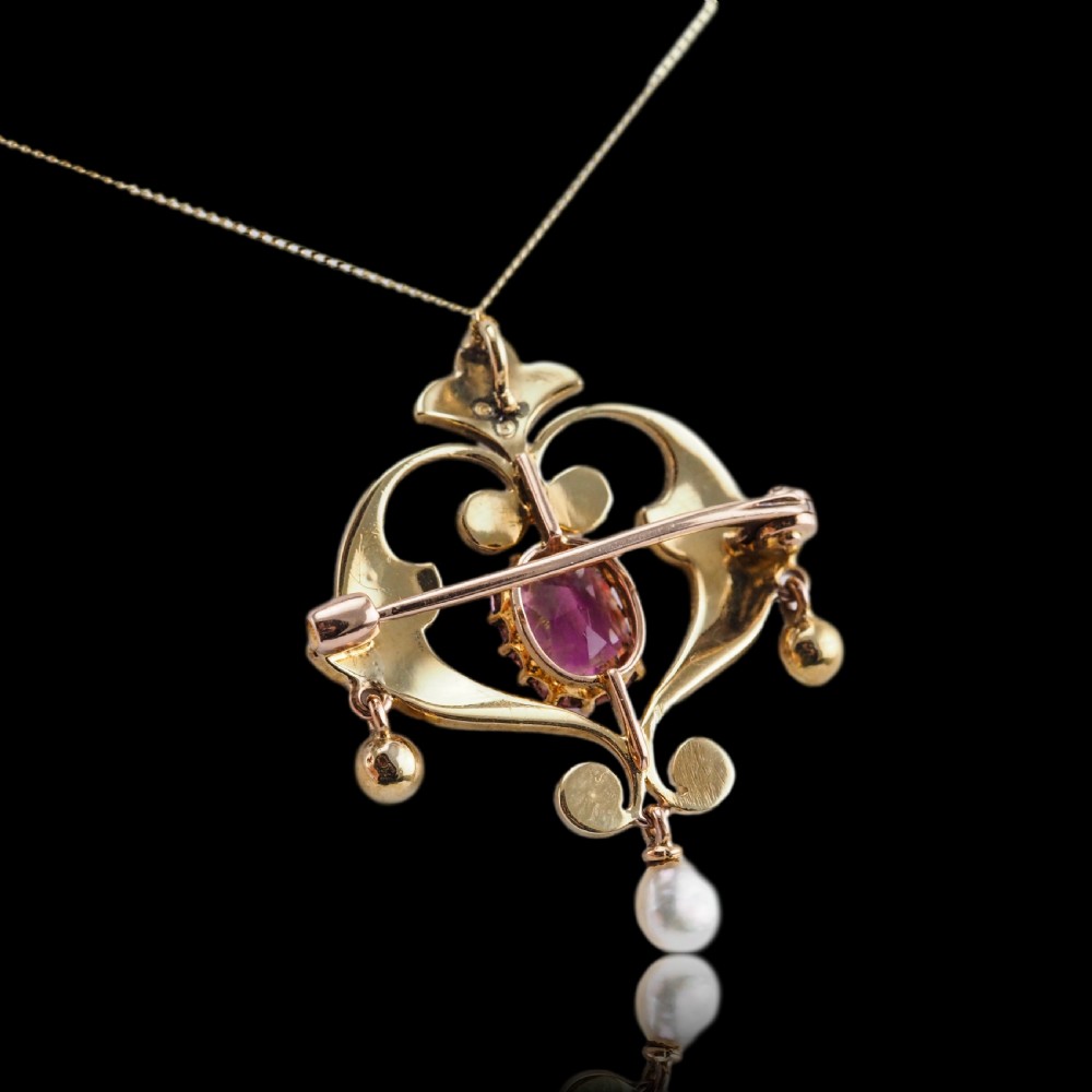 Antique Edwardian Pink Tourmaline & Seed Pearl 15ct Gold Pendant Necklace - c.1910 View VIII