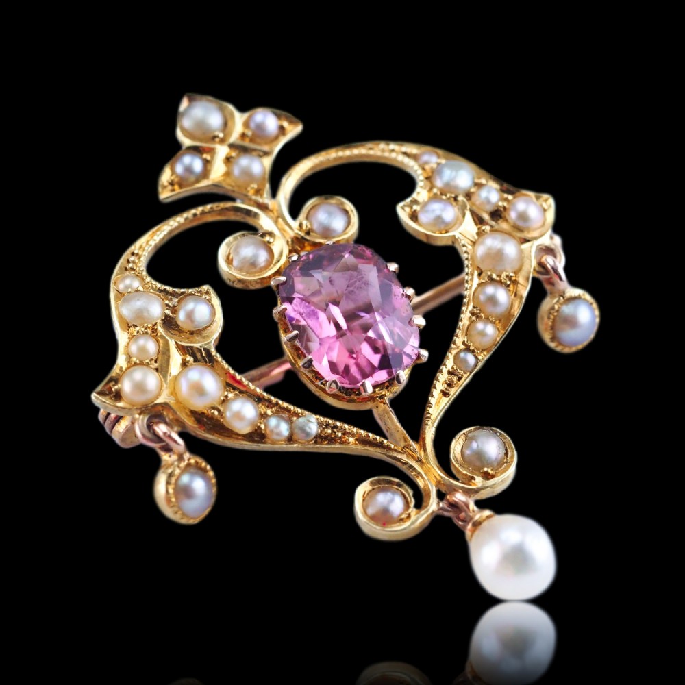 Antique Edwardian Pink Tourmaline & Seed Pearl 15ct Gold Pendant Necklace - c.1910 View IX