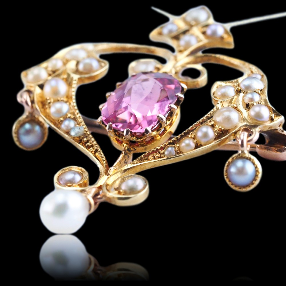 Antique Edwardian Pink Tourmaline & Seed Pearl 15ct Gold Pendant Necklace - c.1910 View X
