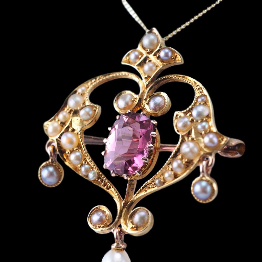 Antique Edwardian Pink Tourmaline & Seed Pearl 15ct Gold Pendant Necklace - c.1910 View XI