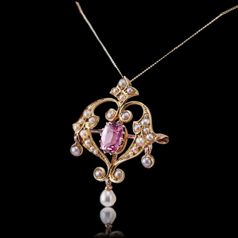 Antique Edwardian Pink Tourmaline & Seed Pearl 15ct Gold Pendant Necklace - c.1910 View XII