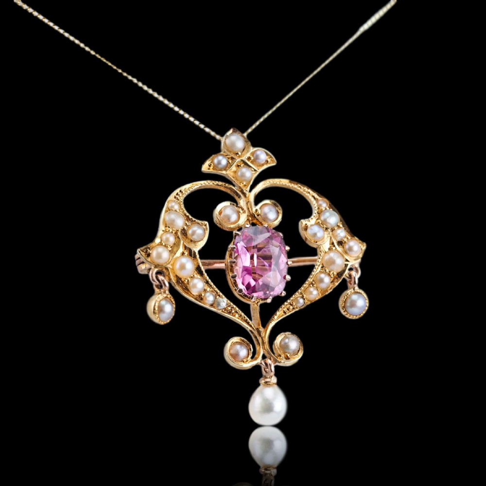 Antique Edwardian Pink Tourmaline & Seed Pearl 15ct Gold Pendant Necklace - c.1910 View XIII