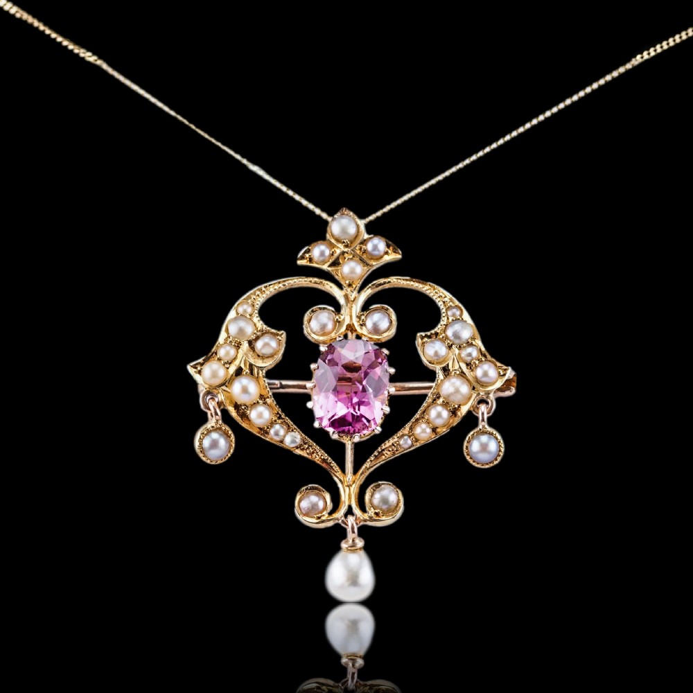 Antique Edwardian Pink Tourmaline & Seed Pearl 15ct Gold Pendant Necklace - c.1910 View XIV