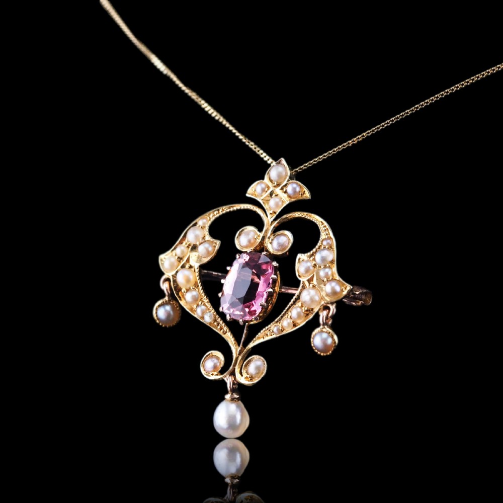 Antique Edwardian Pink Tourmaline & Seed Pearl 15ct Gold Pendant Necklace - c.1910 View XV