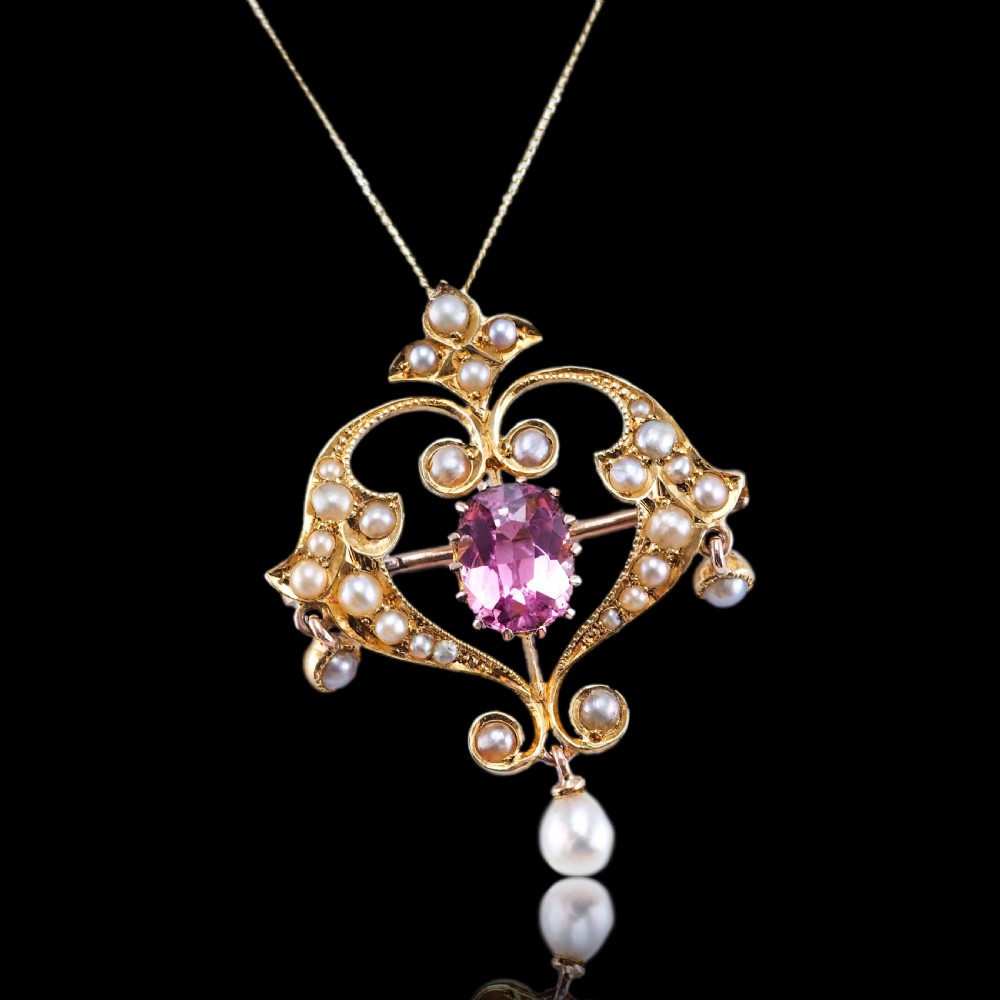 Antique Edwardian Pink Tourmaline & Seed Pearl 15ct Gold Pendant Necklace - c.1910 View XVI