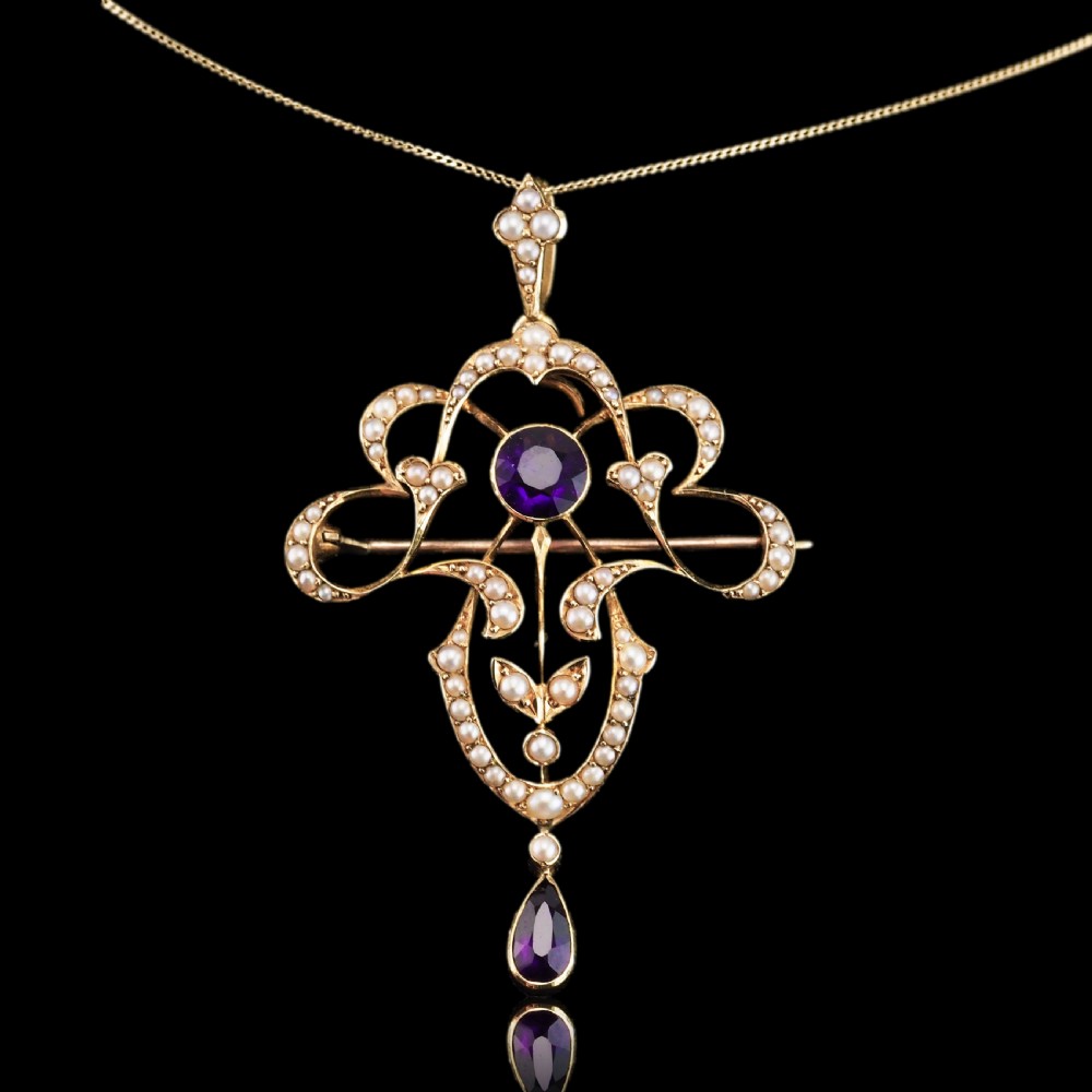 Antique Edwardian Amethyst & Seed Pearl 15ct Gold Pendant Necklace Art Nouveau 'Fan' Design - c.1905