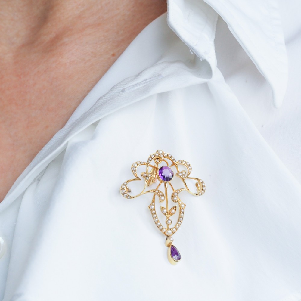 Antique Edwardian Amethyst & Seed Pearl 15ct Gold Pendant Necklace Art Nouveau 'Fan' Design - c.1905 View II