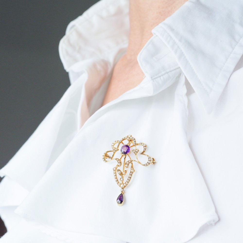 Antique Edwardian Amethyst & Seed Pearl 15ct Gold Pendant Necklace Art Nouveau 'Fan' Design - c.1905 View III